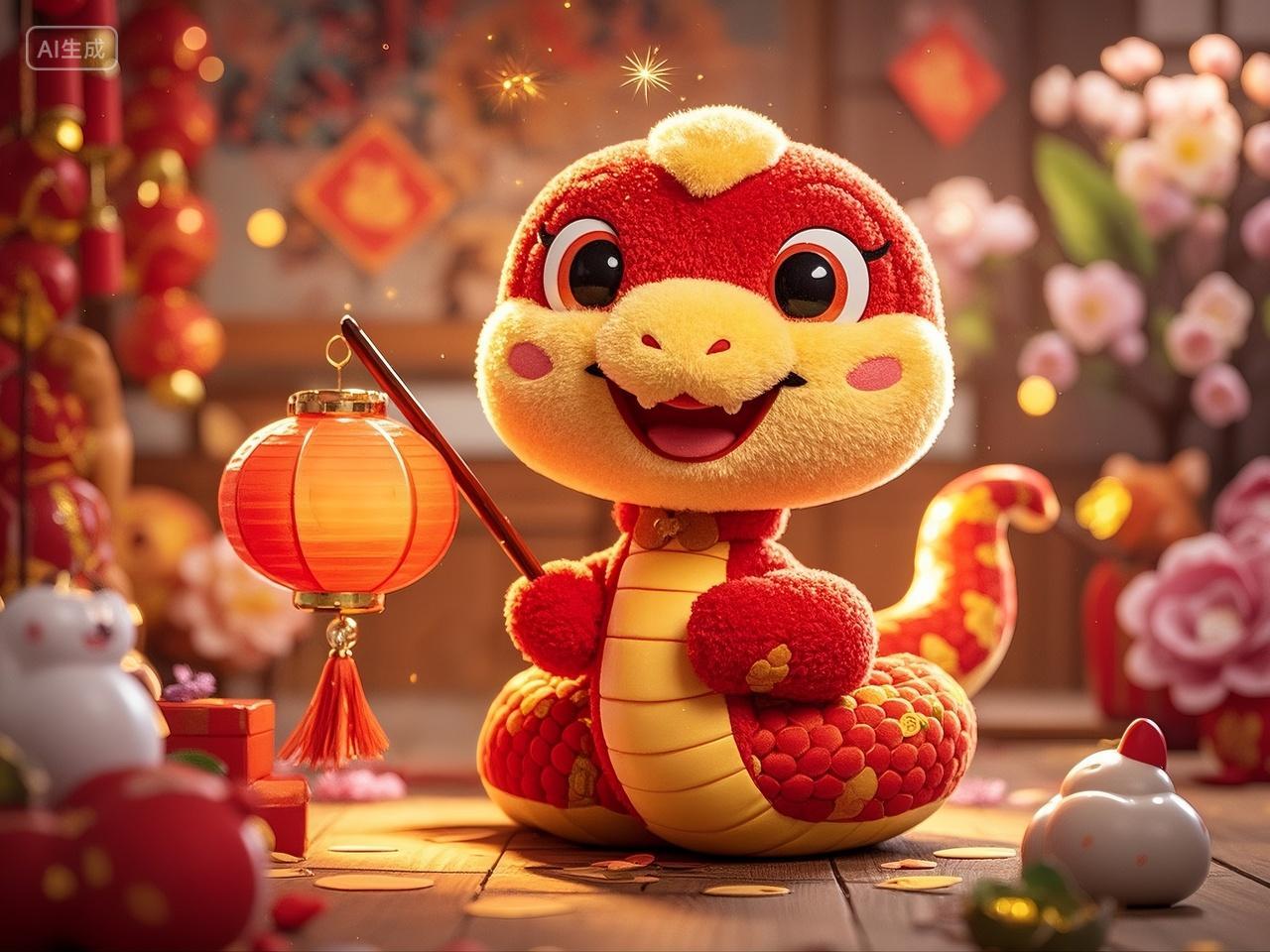可爱蛇公仔提着灯笼蛇年生肖春节新年喜庆