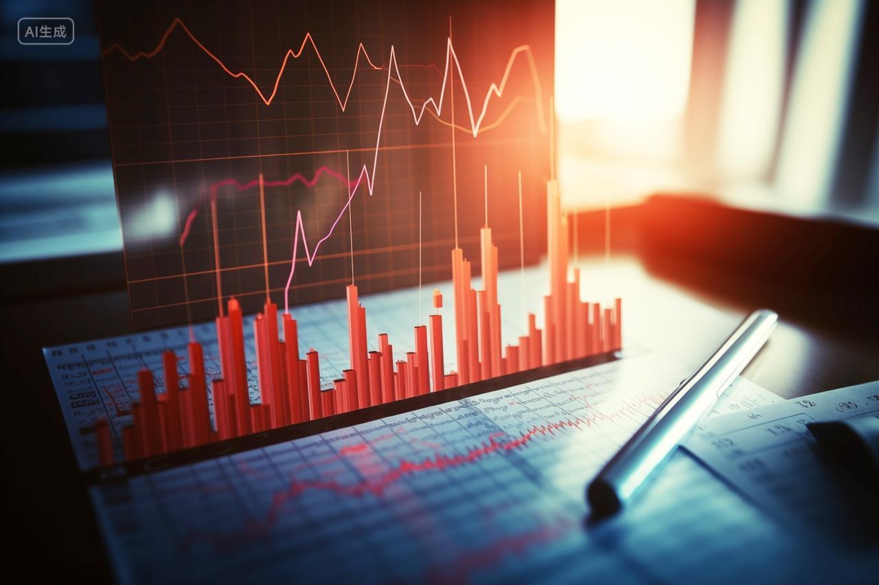 商务电脑办公桌上的数据曲线图