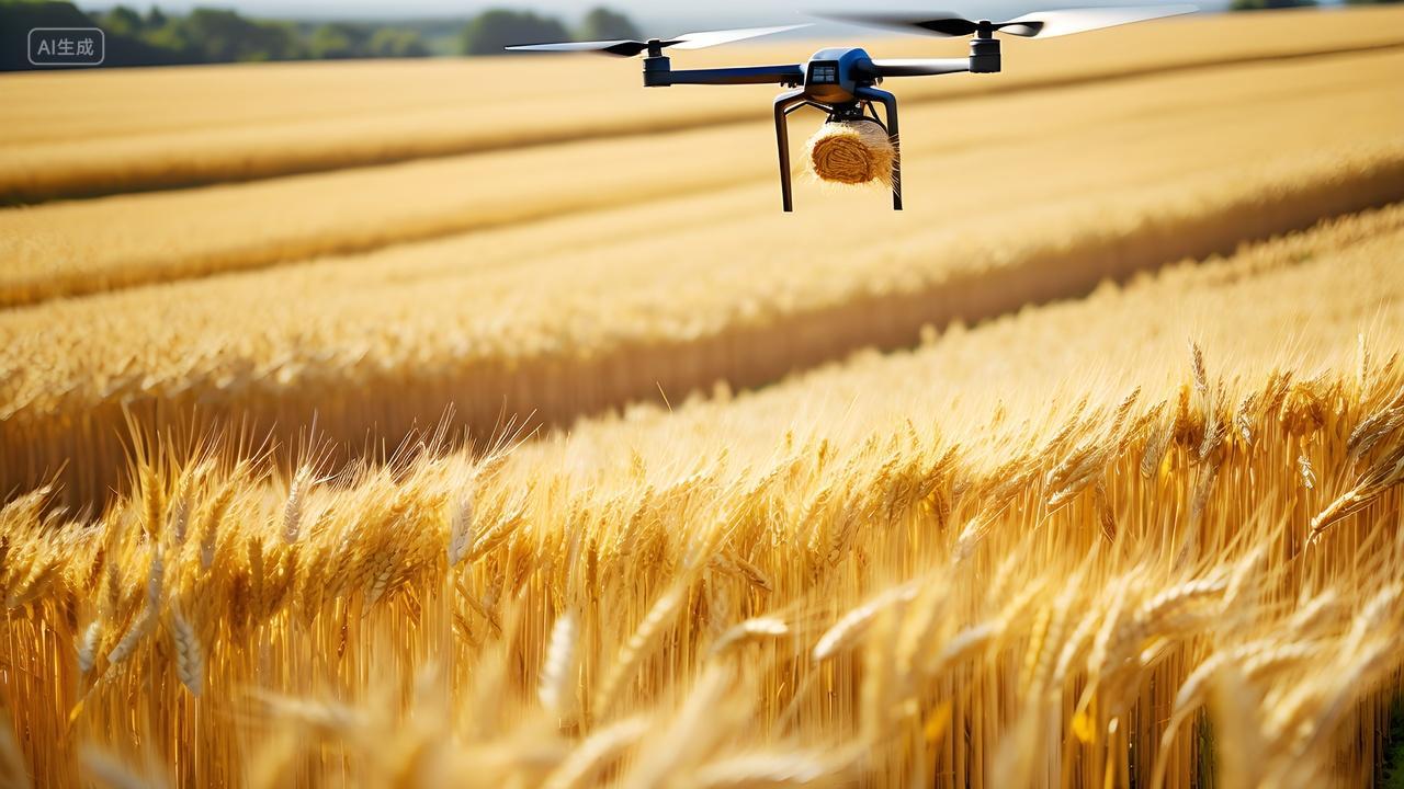 农用无人机在麦田上收割小麦科技智能收割秋收图片