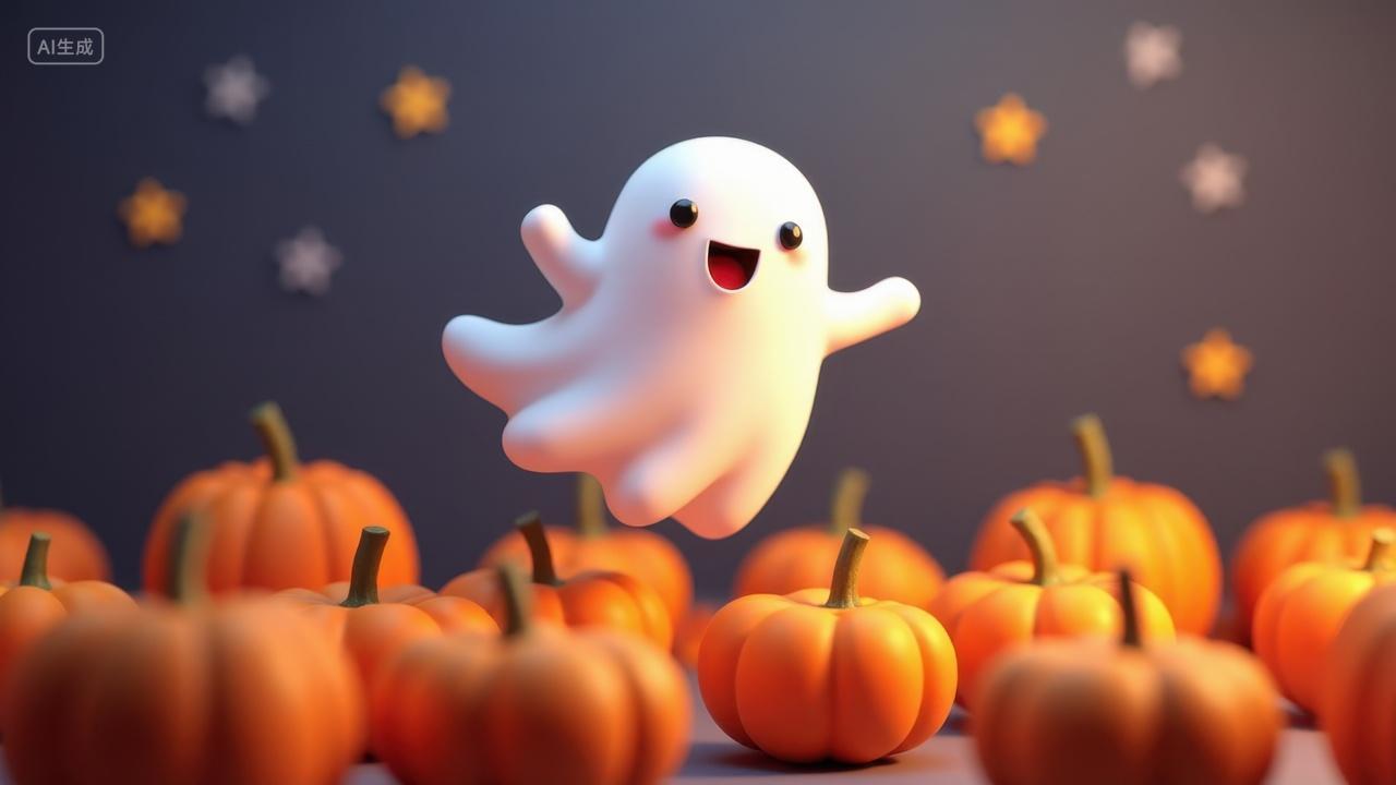 万圣节插画萌萌哒小幽灵在南瓜堆里玩耍