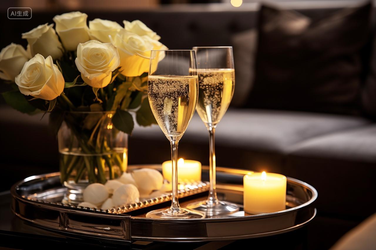 夜晚烛光晚餐和香槟