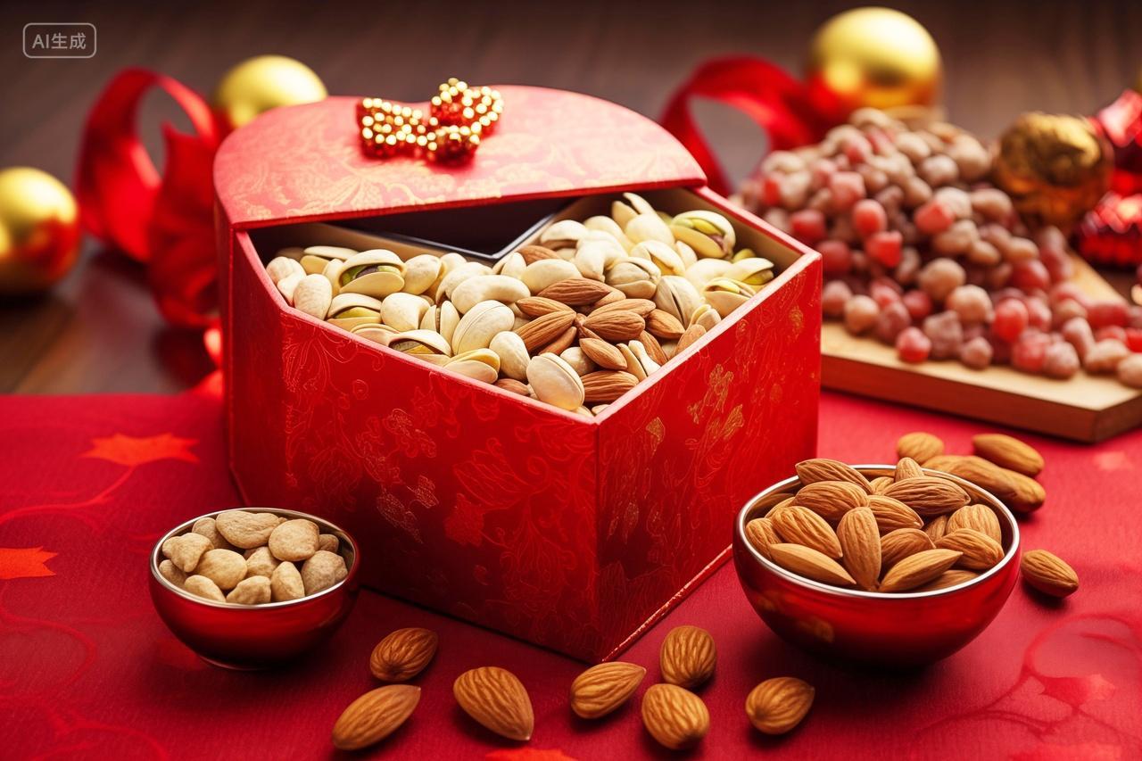 桌子上的坚果礼盒大礼包零食包装