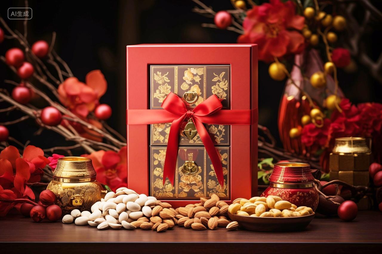 中国风桌子上的新年坚果零食礼盒包