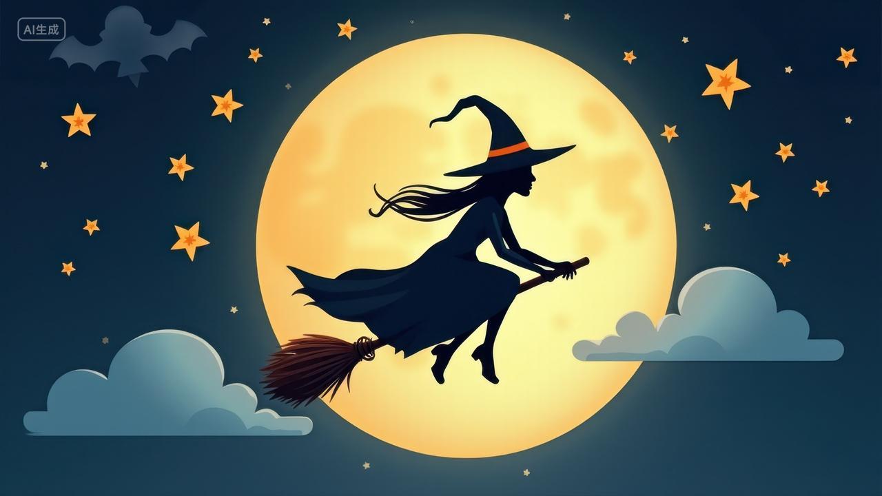 万圣节之夜的坐着扫帚飞行的魔女