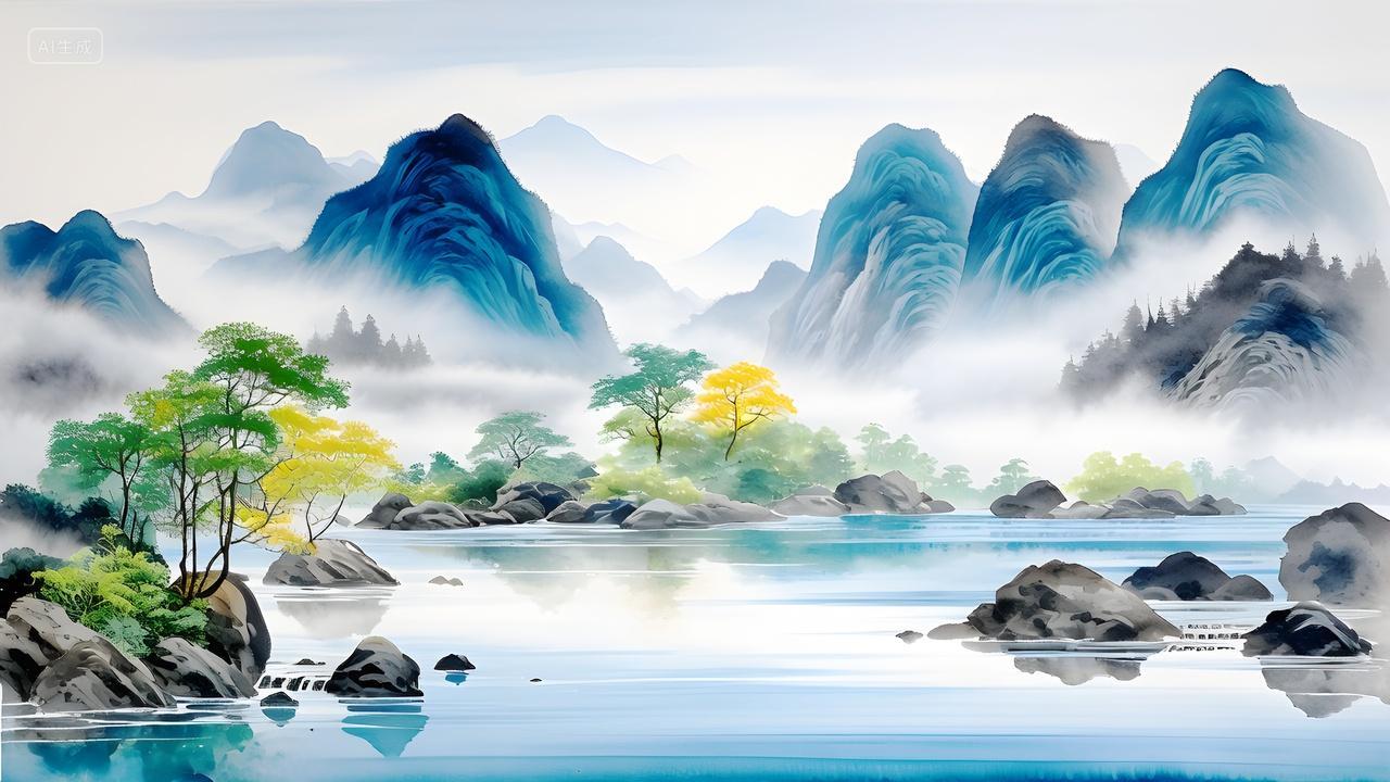 中国大好河山美好山河青山绿水水墨画