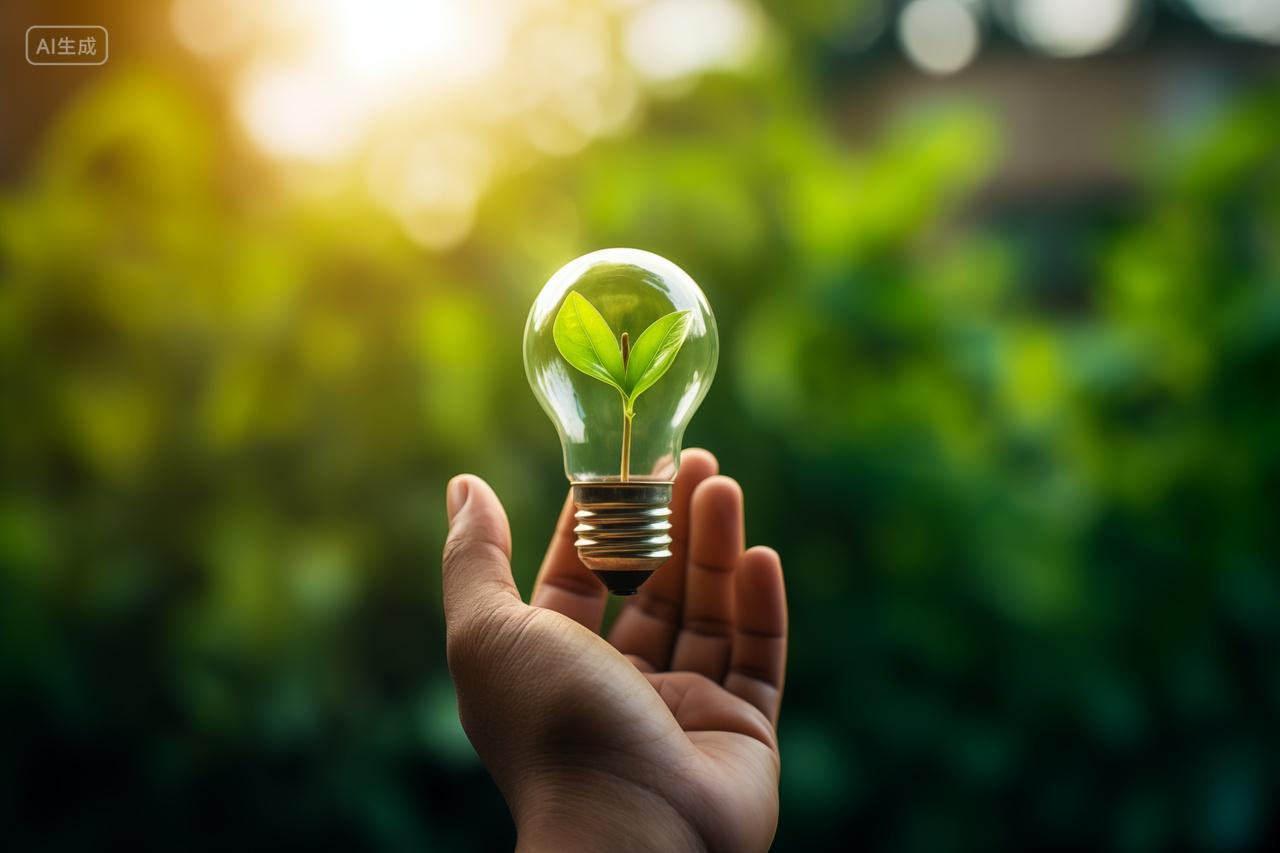 户外阳光下掌心的创意植物灯泡