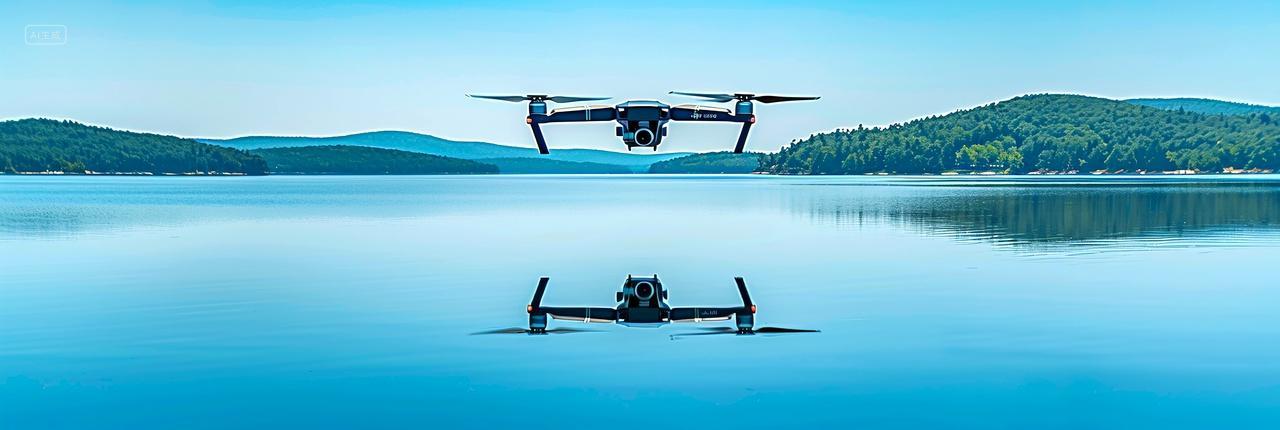 一架无人机静静地停留在森林湖泊上方