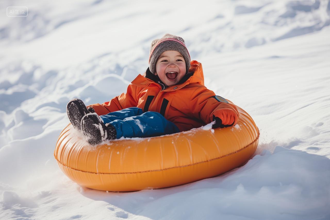 快乐的男孩在度假享受雪橇之旅