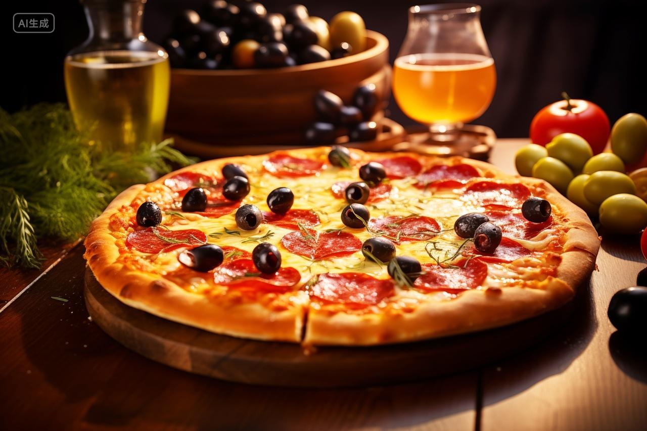 放在木桌上的一盘披萨和水果饮料快餐美食食物