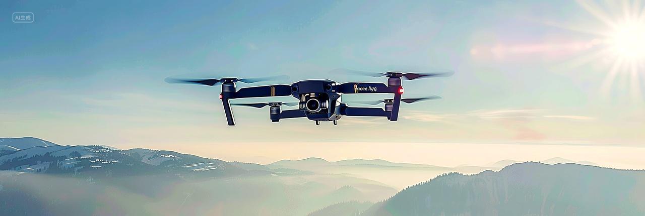 雾气朦胧的山脉中悬停的无人机