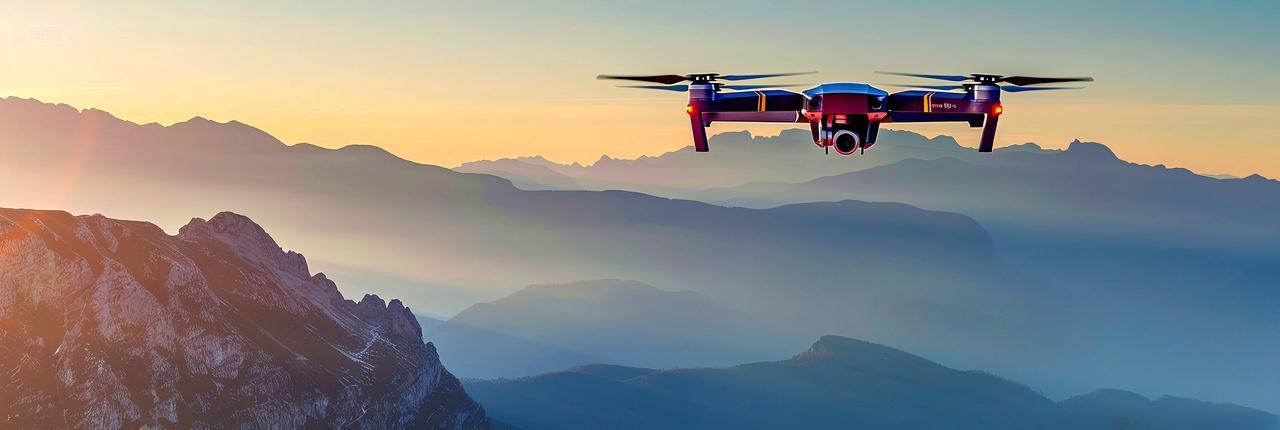 雾气朦胧的山脉中悬停的无人机