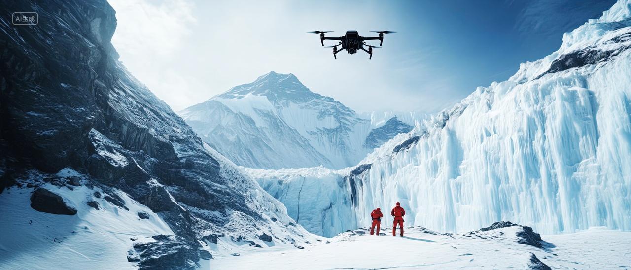 2名游客在雪山上进行航拍