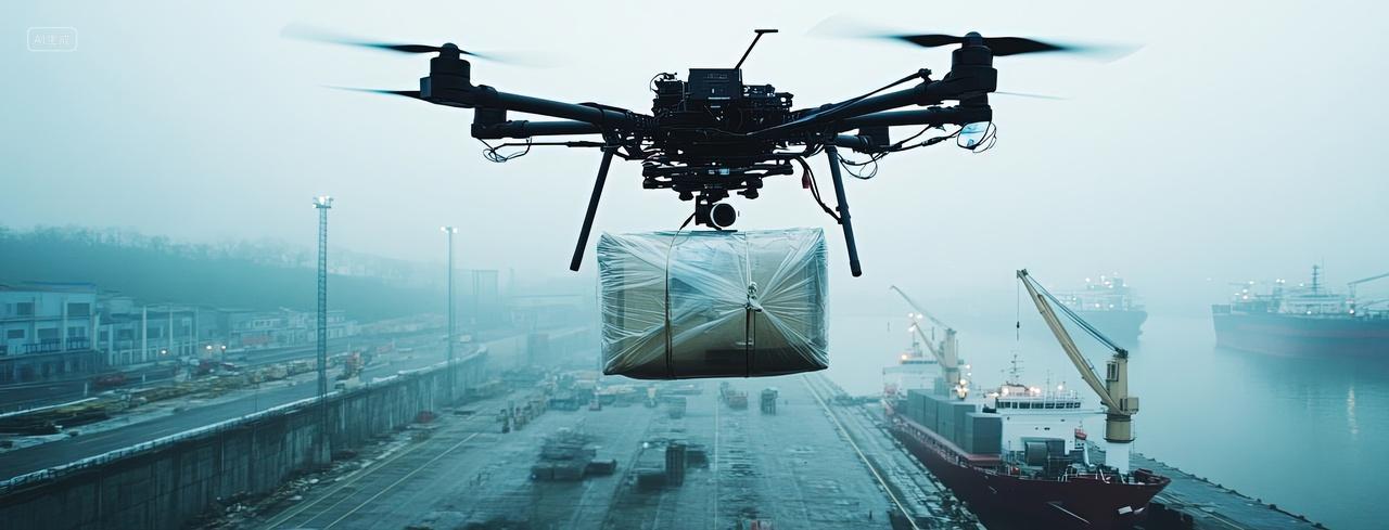 一架无人机载着货物在码头上空