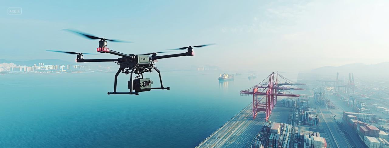 一架无人机在码头港口上空拍摄风景