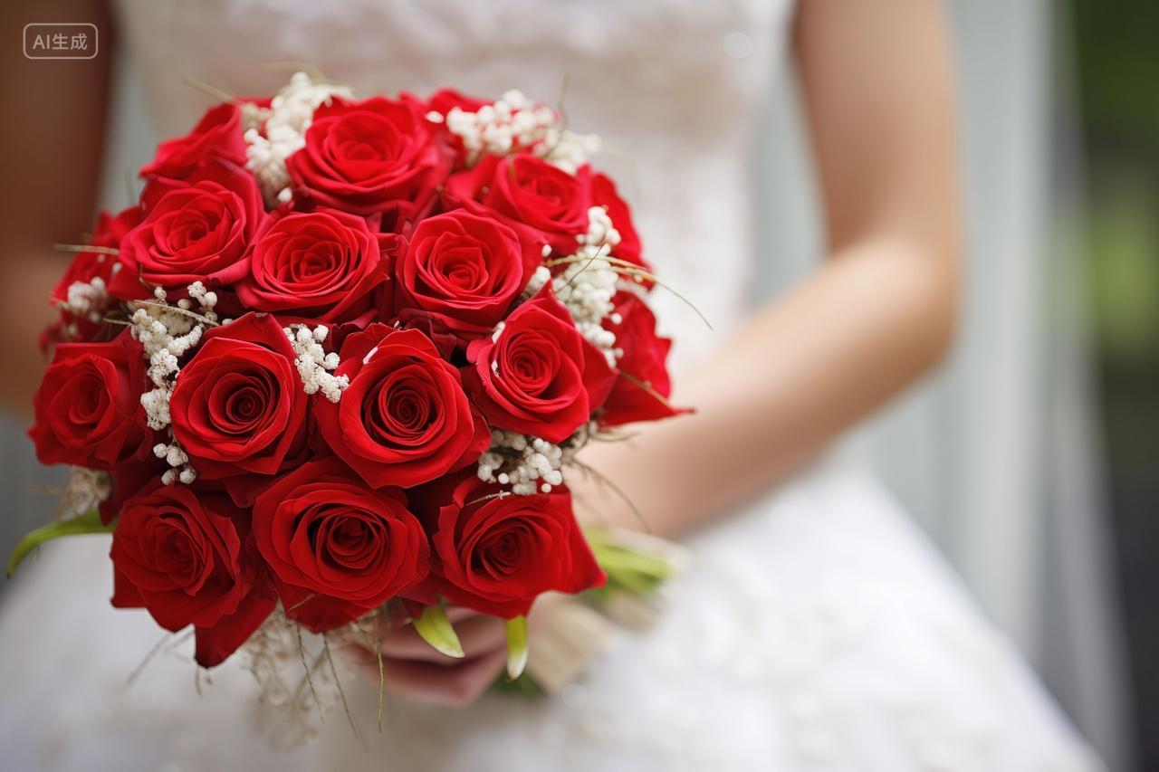手捧红玫瑰新娘特写