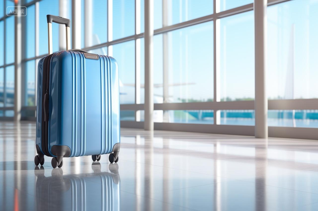 蓝色行李箱在机场候机厅旅游度假