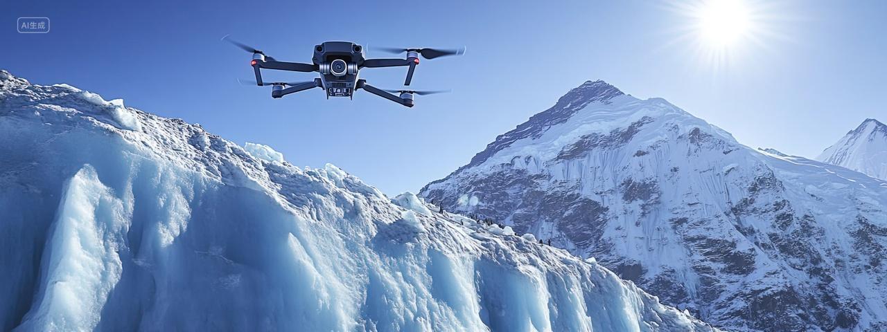 一架无人机在雪山上空拍摄雪景