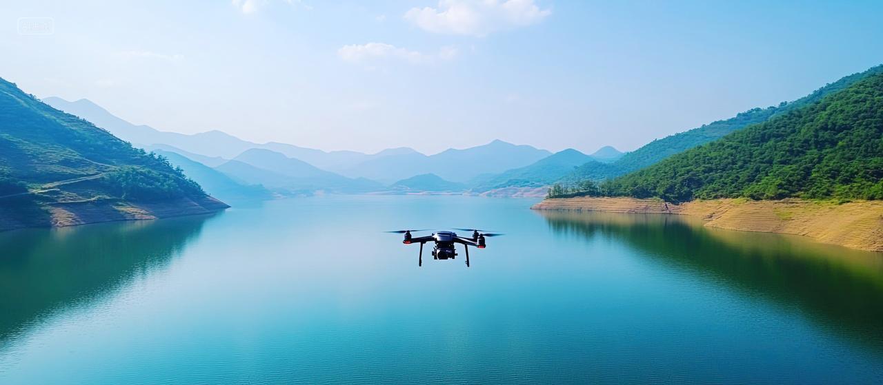 一架无人机拍摄湖面上的风景