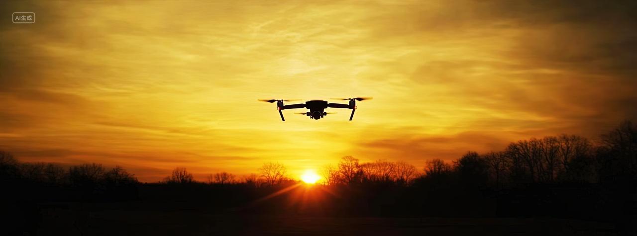 夕阳下一架无人机在拍摄风景