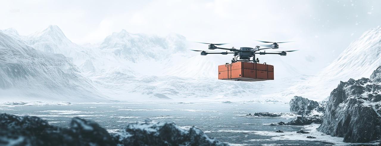 一架无人机托运一箱货物飞过雪山