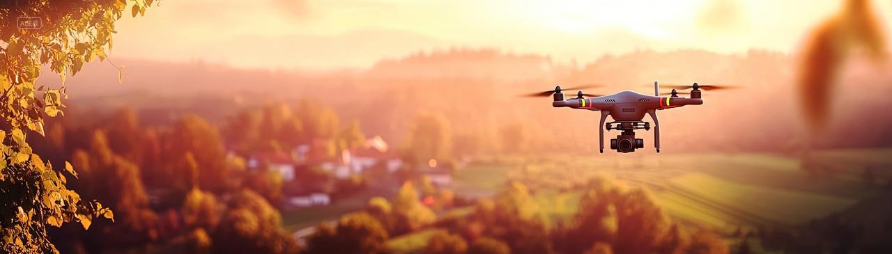 夕阳下一架无人机在田野上空拍摄风景