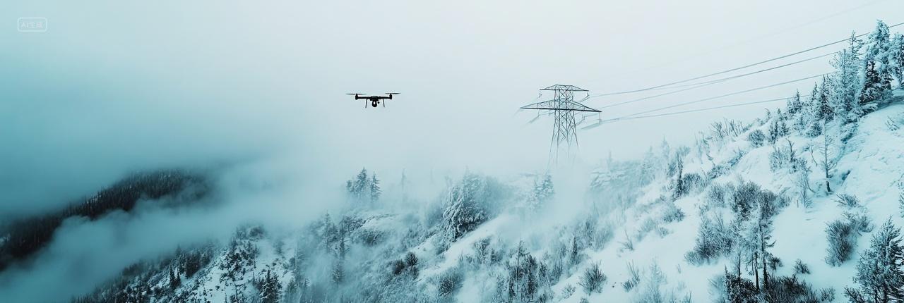 一辆无人机在雪山上空拍摄雪景
