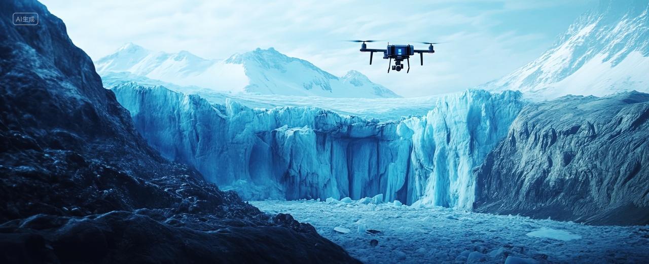 一架无人机在雪山上拍摄风景