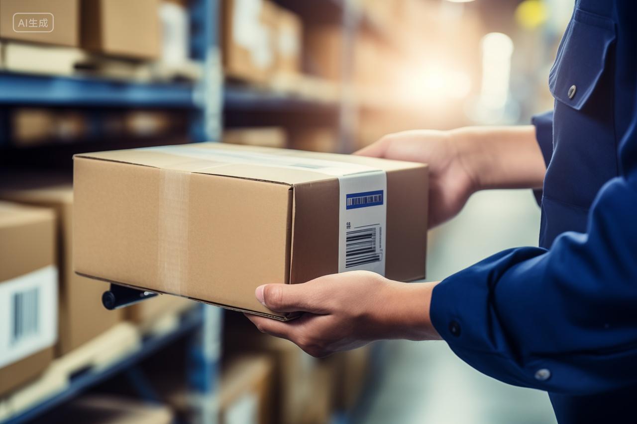 物流配送员手中的包裹物流配送