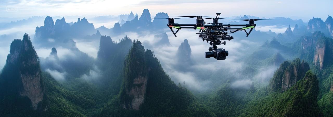 无人机从山顶穿过