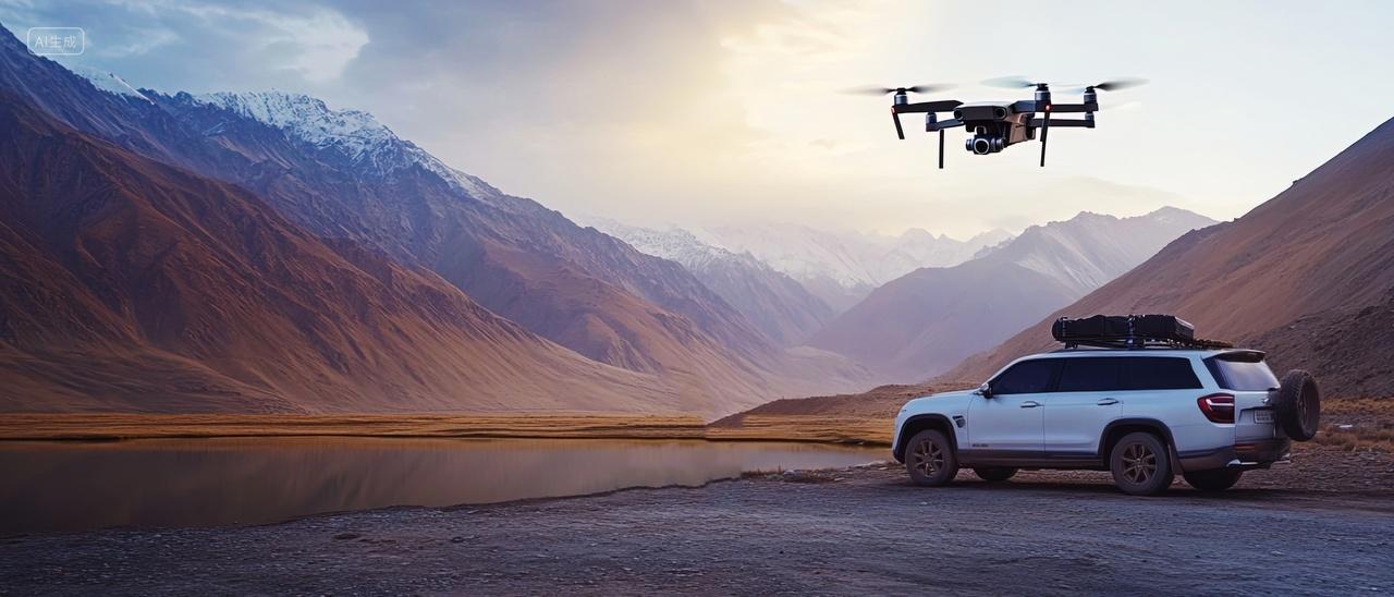 无人机在山顶飞