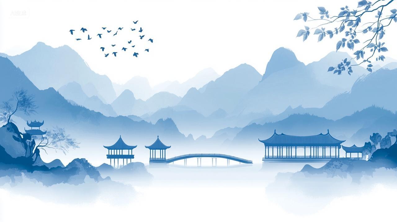 中国风山水画剪影绘画