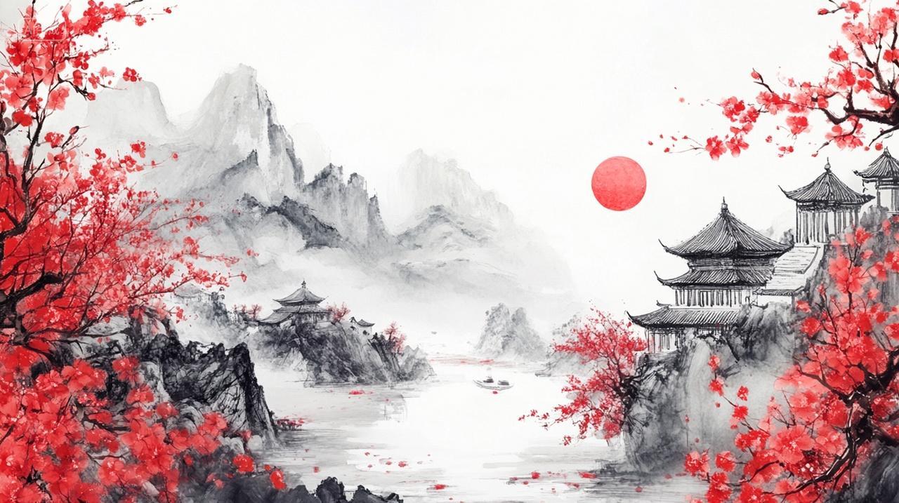 盛开的梅花山水风景宫殿