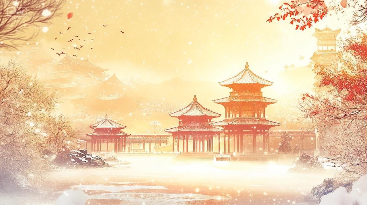 唯美秋日夕阳中国风建筑插画