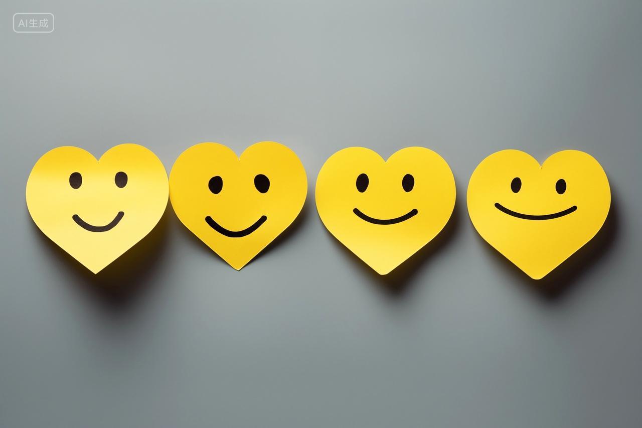 画着微笑表情的黄色爱心便签办公贴纸