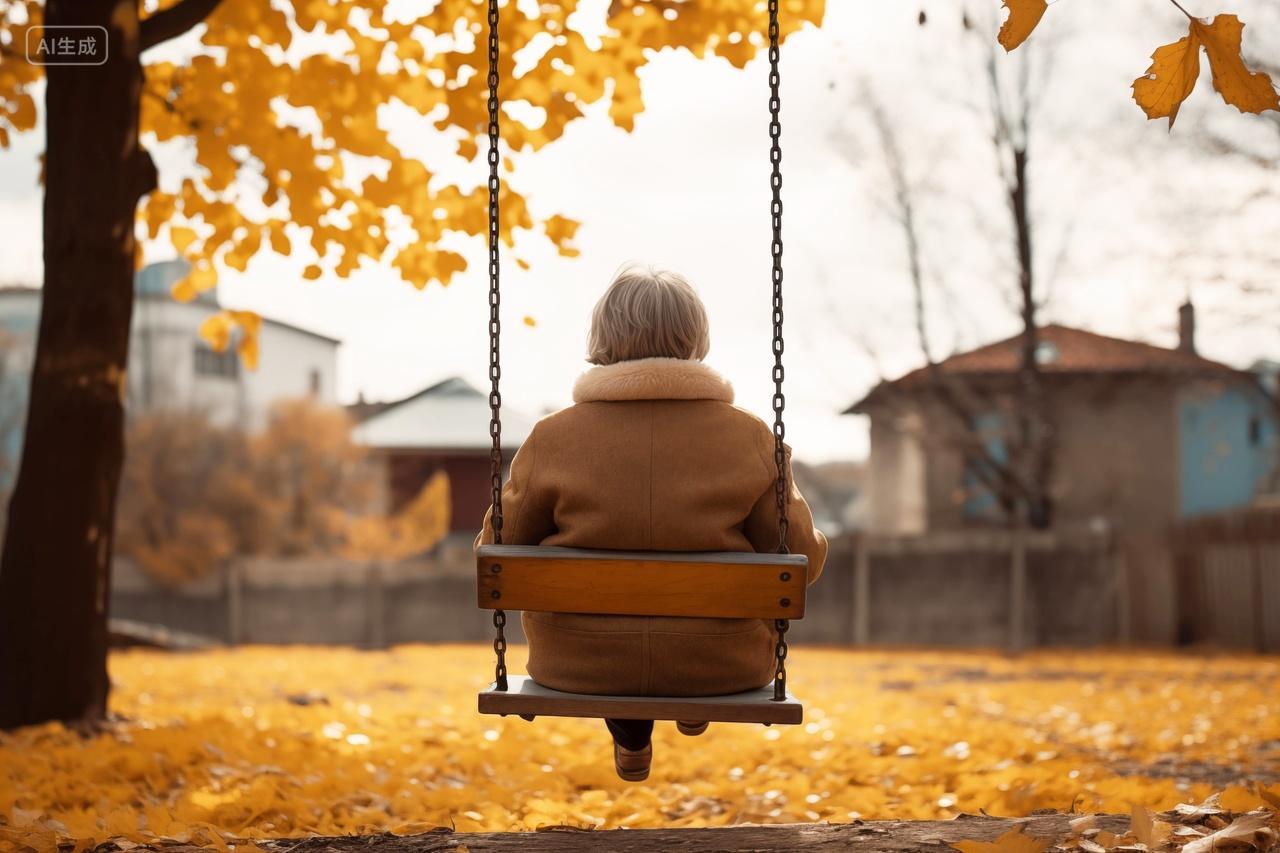 秋季年迈老婆婆在大树下荡秋千退休生活