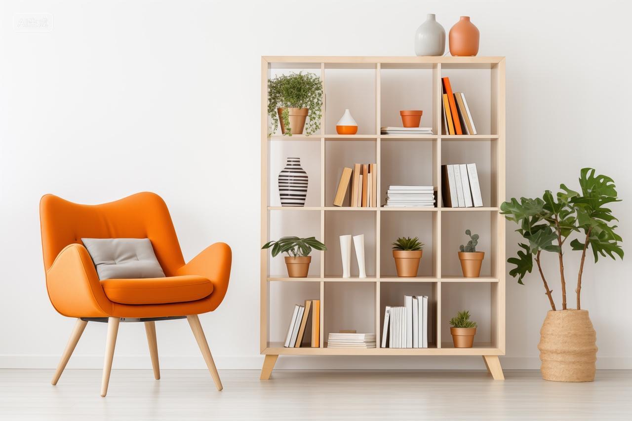 家居室内的单人沙发椅和书架家庭软装