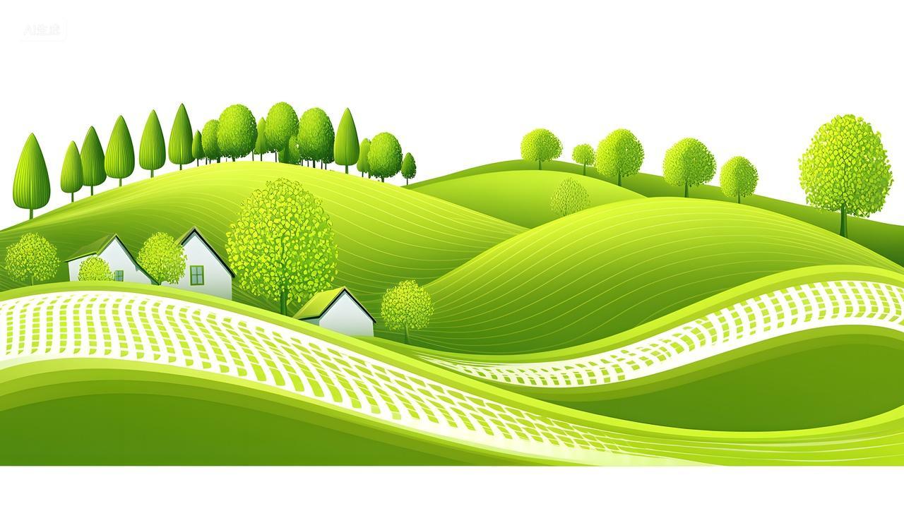 生机勃勃绿色山丘风格独特树木和房屋