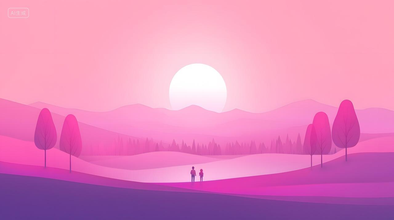 鲜艳粉红色夕阳下轮廓若隐若现