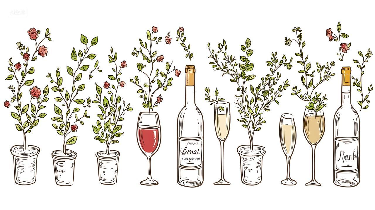 用盛开树枝装饰酒瓶和酒杯