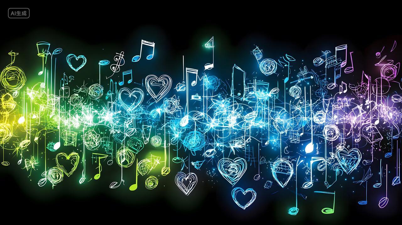 深色背景上丰富多彩音乐音符和符号