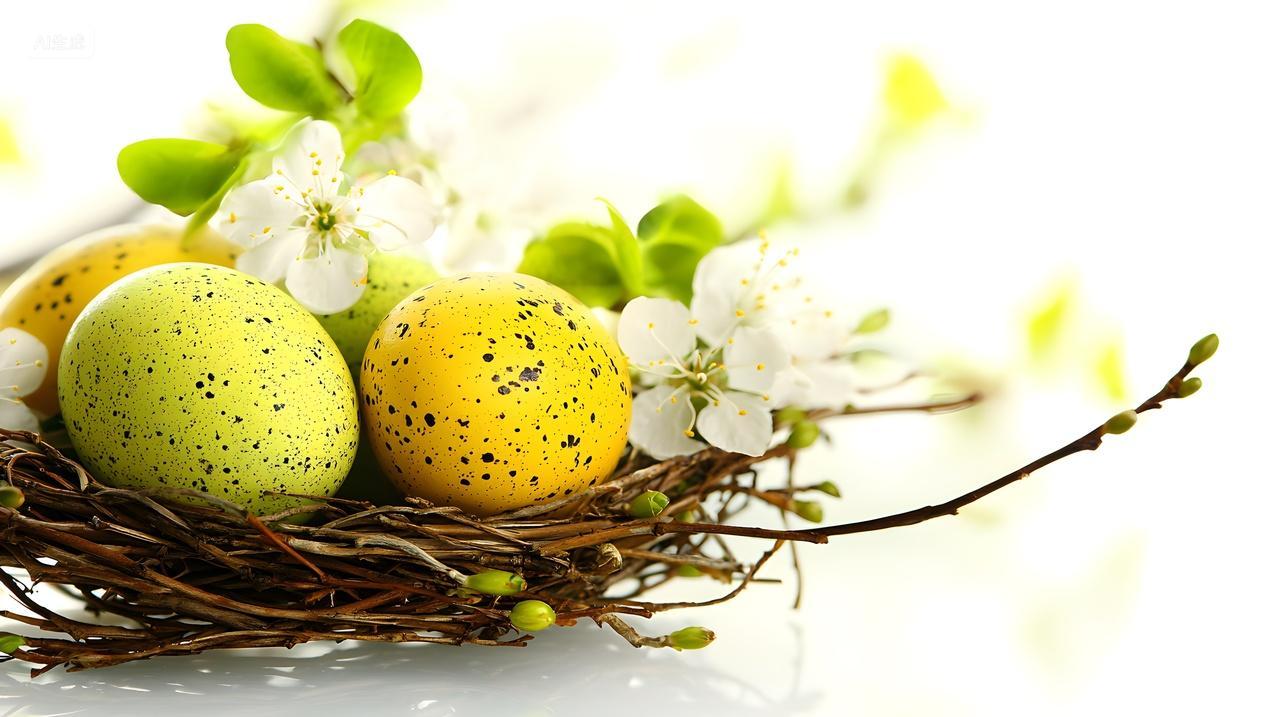 精致鸟巢里有五彩缤纷复活节彩蛋