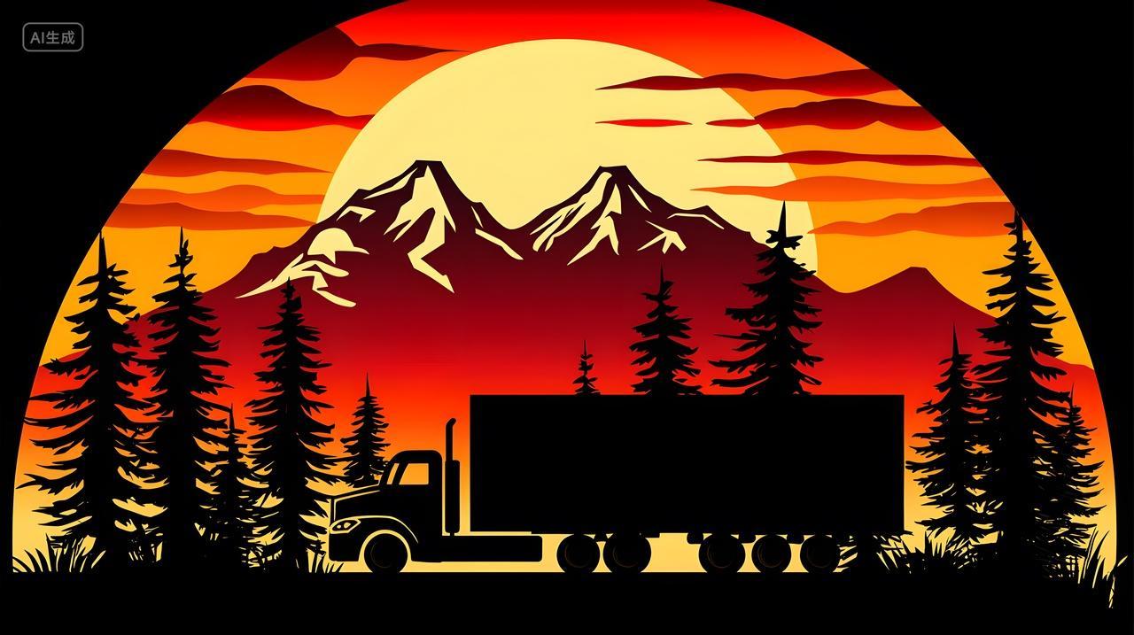 卡车在绚丽夕阳下轮廓