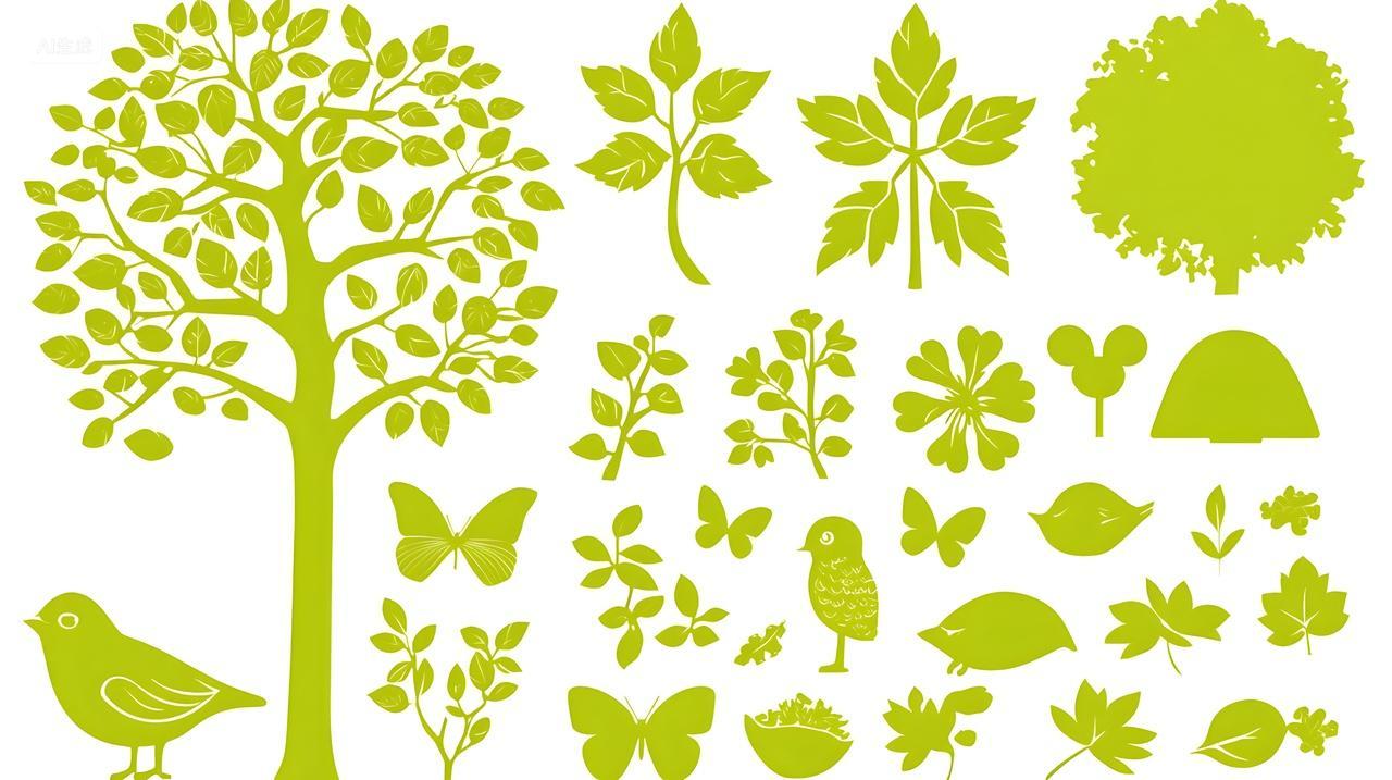 绿色自然剪影树木和鸟类