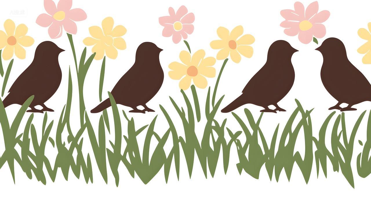 花丛中鸟儿迷人剪影