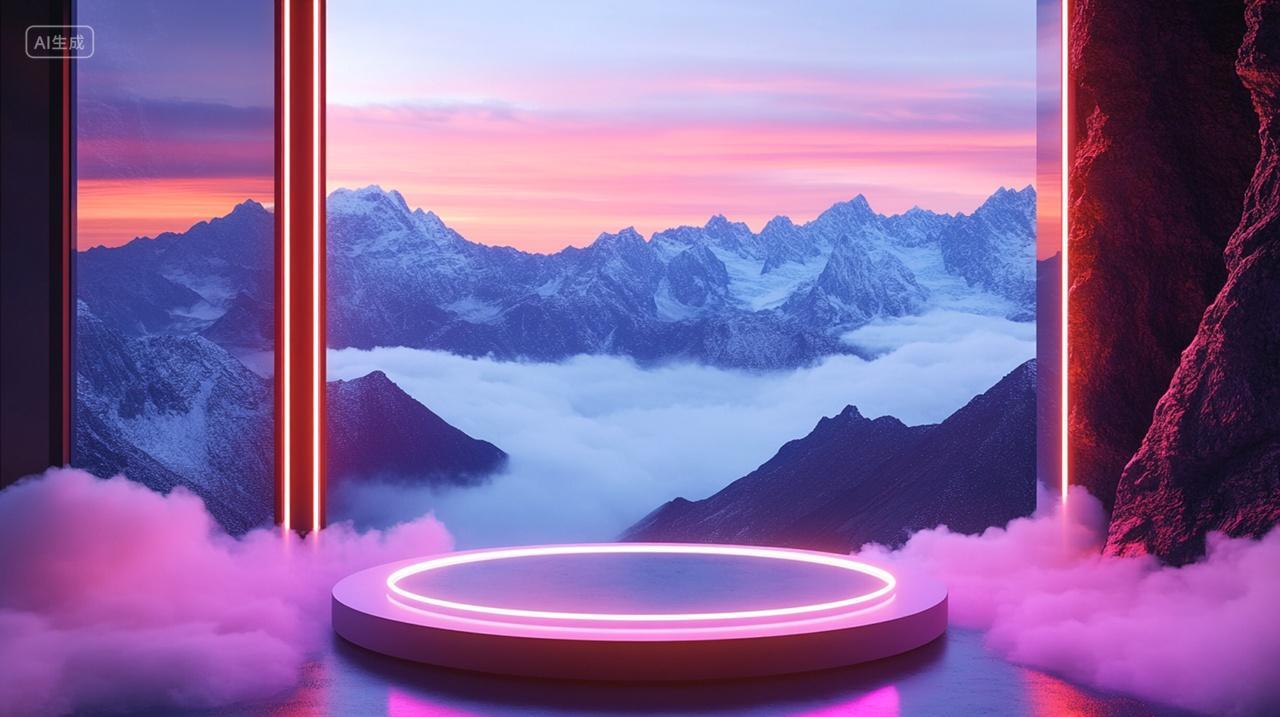 圆形霓虹灯下展台梦幻紫色云雾