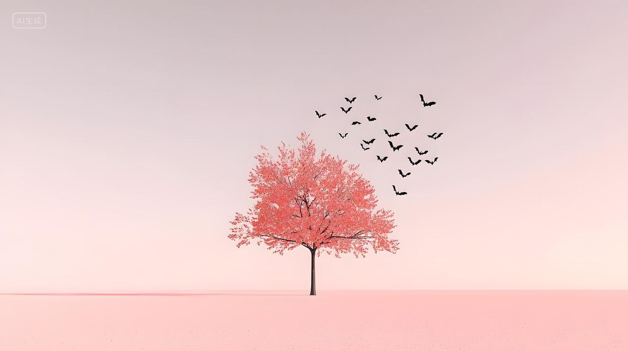宁静粉色树木飞翔鸟儿