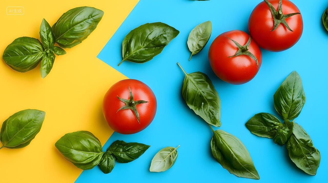 新鲜红番茄和鲜亮绿色罗勒