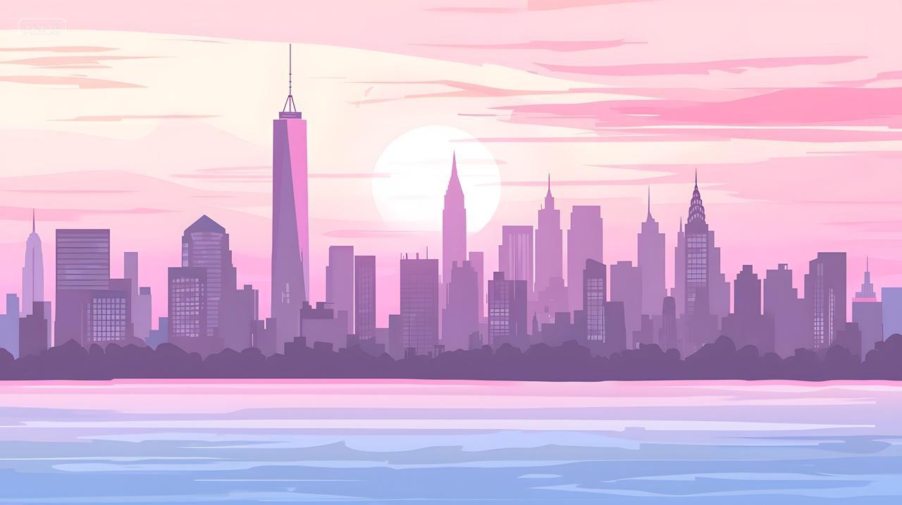 日落时分纽约天际线色彩缤纷色调柔和