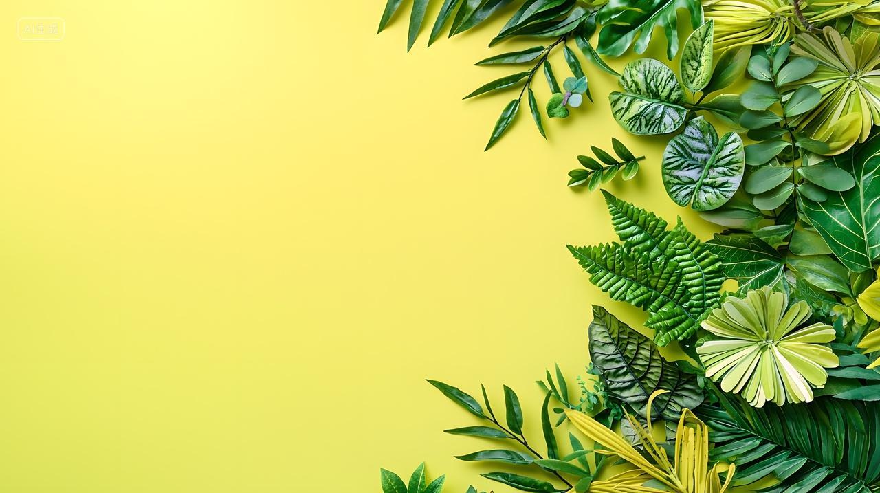 亮黄色背景上充满活力绿叶