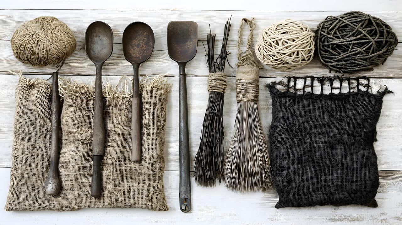 质朴厨房工具和材料精心布置